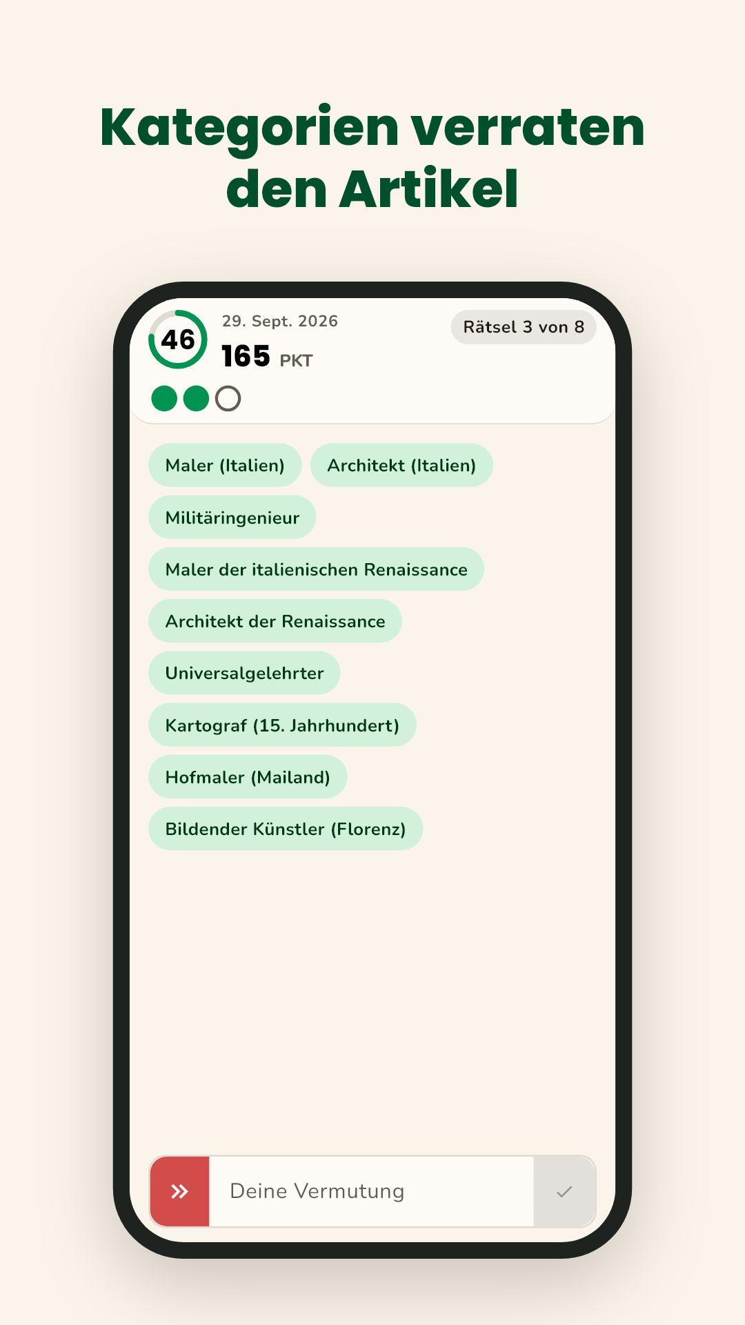 Ein Rätsel beginnt mit den Kategorien des Artikels.
